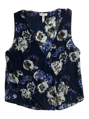 Leith Nordstrom Floral Sleeveless Wrap Blouse Navy Blue Surplice Tank Top